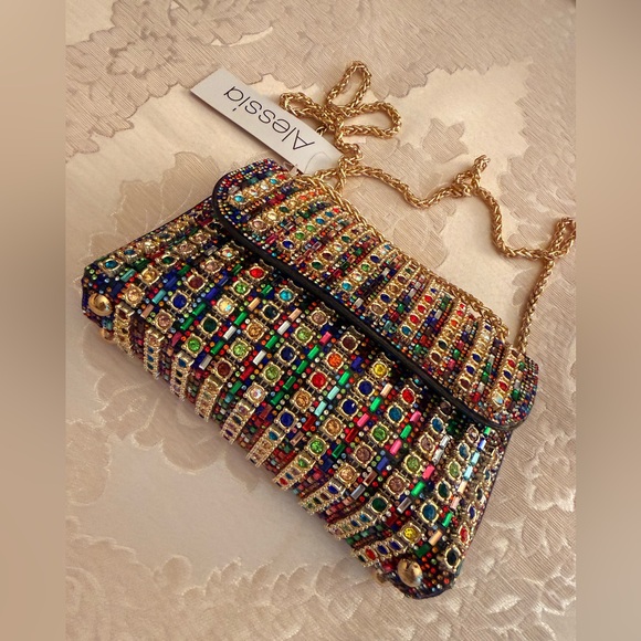 Alessi Colorful Beaded bag  with Gold Chain - Picture 3 of 10